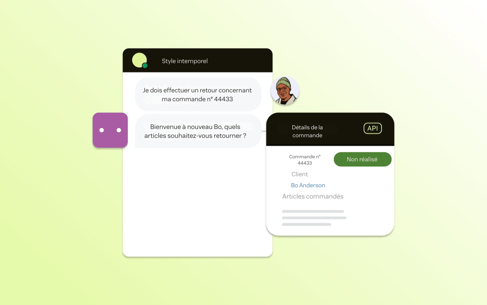 Zendesk chatbot interface displaying an order inquiry, with a chatbot API pulling and presenting customer order details in real time.