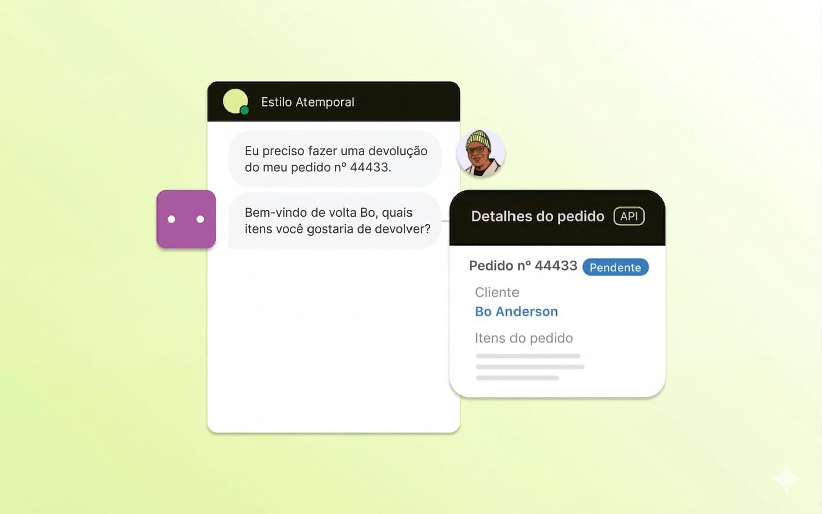 Interface do chatbot Zendesk exibindo uma consulta de pedido, com uma API de chatbot extraindo e apresentando detalhes do pedido do cliente em tempo real.