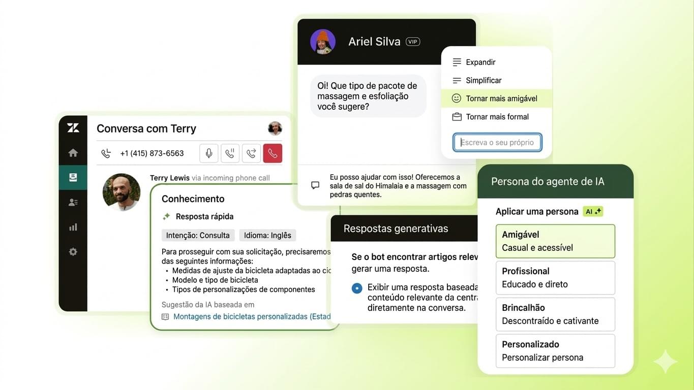 Capturas de tela das capacidades de IA da Zendesk, incluindo agentes de IA, respostas generativas e sugestões de base de conhecimento por IA.