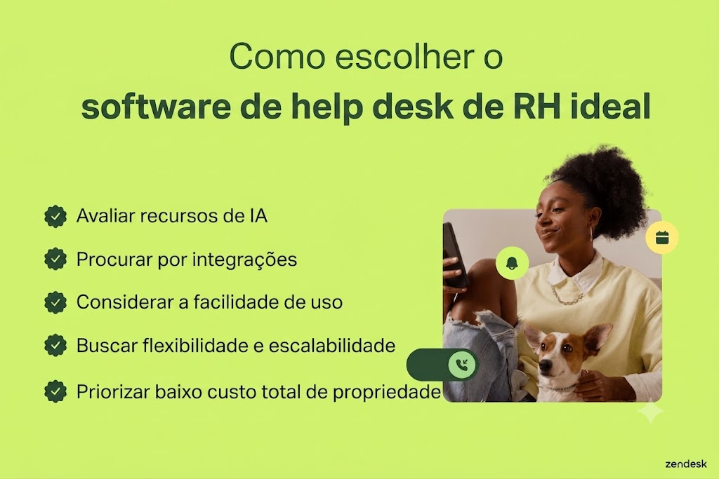 Slide verde com o título “Como escolher o software de help desk de RH ideal” e uma lista de verificação: avaliar os recursos de IA, buscar integrações, considerar a facilidade de uso, procurar um sistema flexível e escalável e priorizar um baixo custo total de propriedade; foto de uma pessoa com um cachorro.