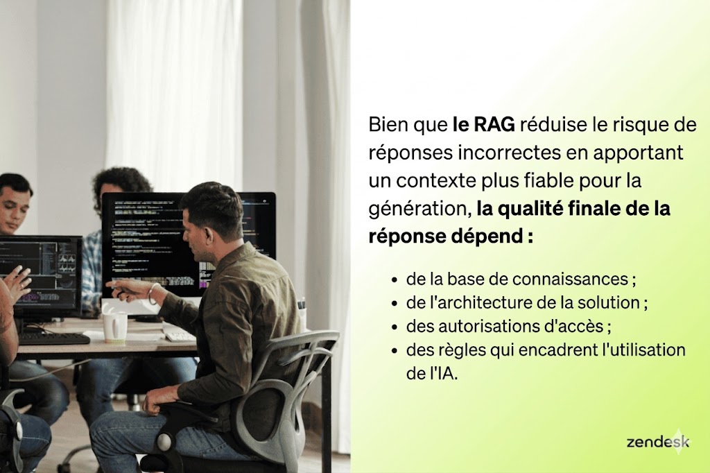 Diapositive montrant les limites du RAG, avec une équipe dans un bureau et un texte soulignant que la qualité de la réponse dépend de la base de connaissances, de l’architecture, des autorisations d’accès et des règles d’utilisation de l’IA