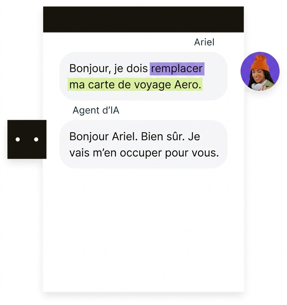 Un agent Zendesk AI aide un client à remplacer sa carte de voyage.