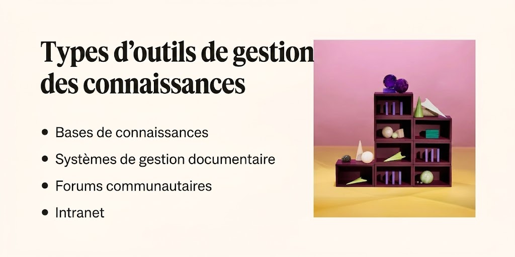 Les principaux outils de gestion des connaissances, notamment les bases de connaissances et les systèmes de stockage et de gestion documentaire.