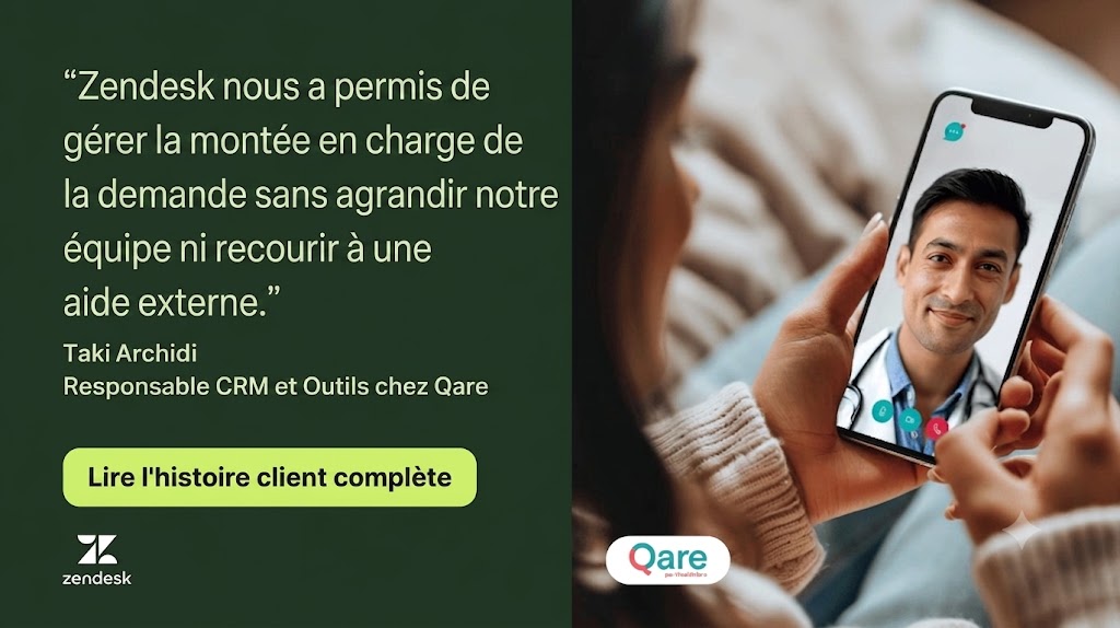 Graphique du témoignage client de Qare présentant une citation de Taki Archidi sur l'évolution de l'assistance sans élargir l'équipe, aux côtés d'une téléconsultation vidéo sur smartphone.