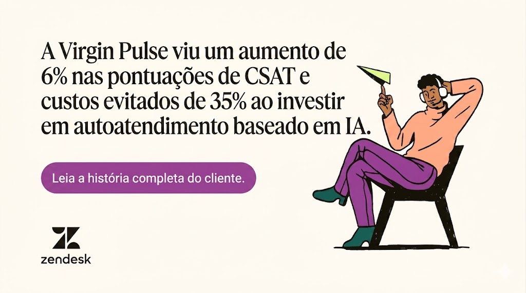 Uma pessoa com headset, camisa laranja e calça roxa sentada em uma cadeira enquanto equilibra um avião de papel no dedo.