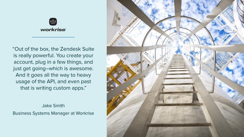 Quote that reads: Out of the box, the Zendesk Suite is really powerful. You create your account, plug in a few things, and just get going–which is awesome. And it goes all the way to heavy usage of the API, and even past that is writing custom apps. Jake Smith, Business Systems Manager at Workrise