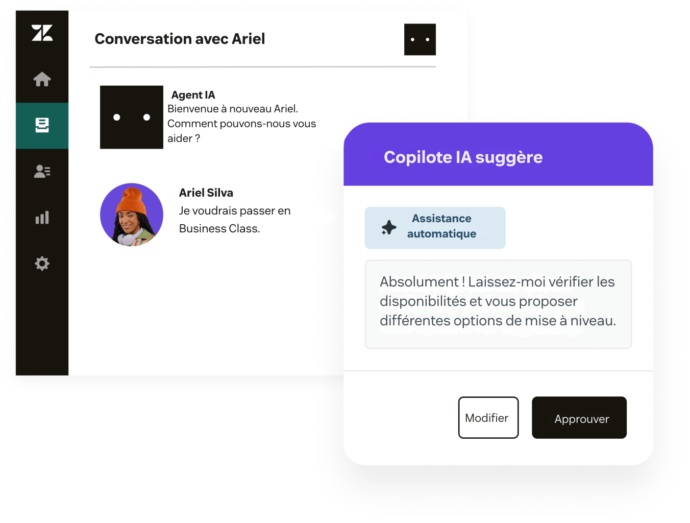 Capture d’écran d’un copilote IA, assistant alimenté par l’IA qui améliore la performance des agents