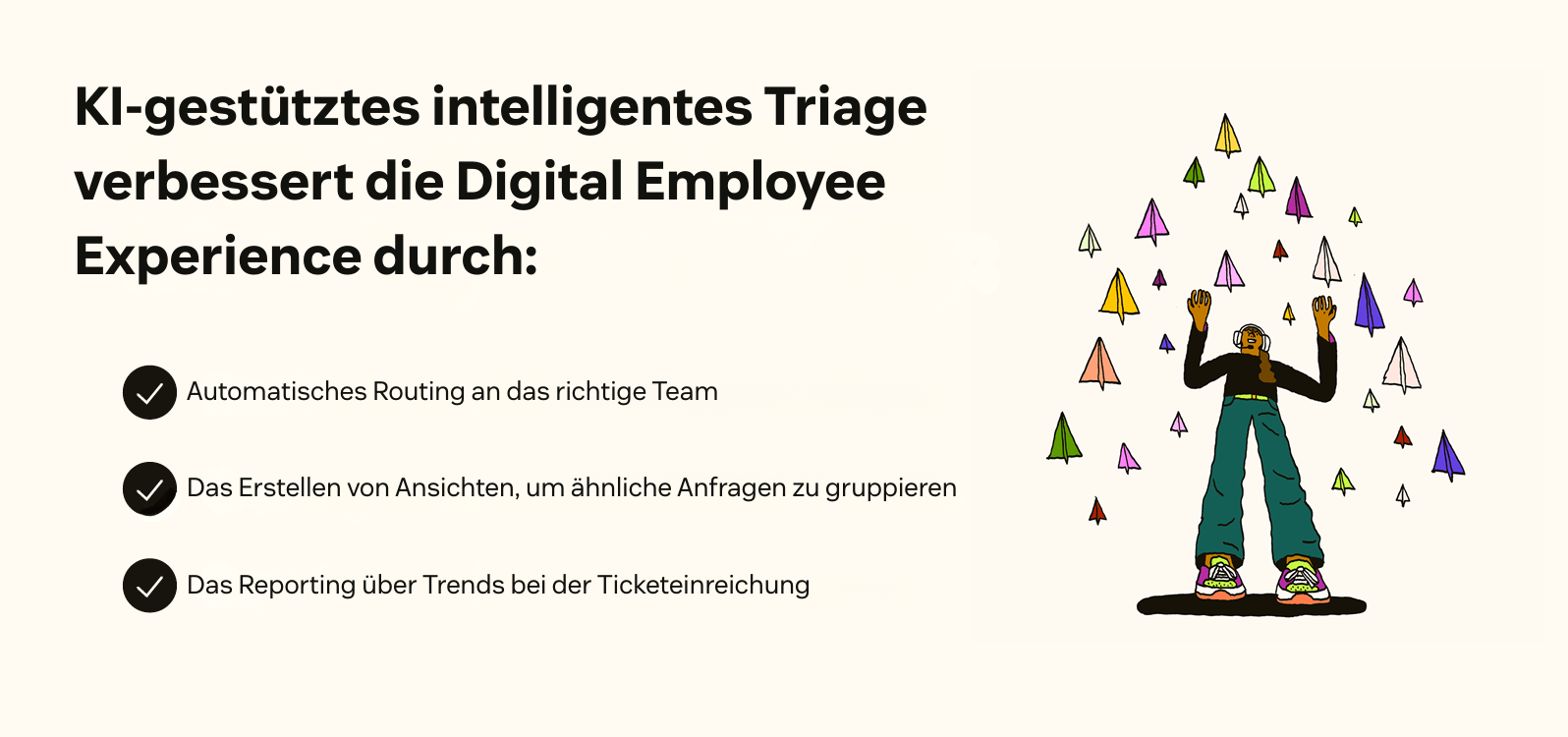 Eine Liste zeigt drei Wege, wie KI-gestütztes intelligentes Triage Ticketanfragen an die richtigen Teammitglieder leitet.