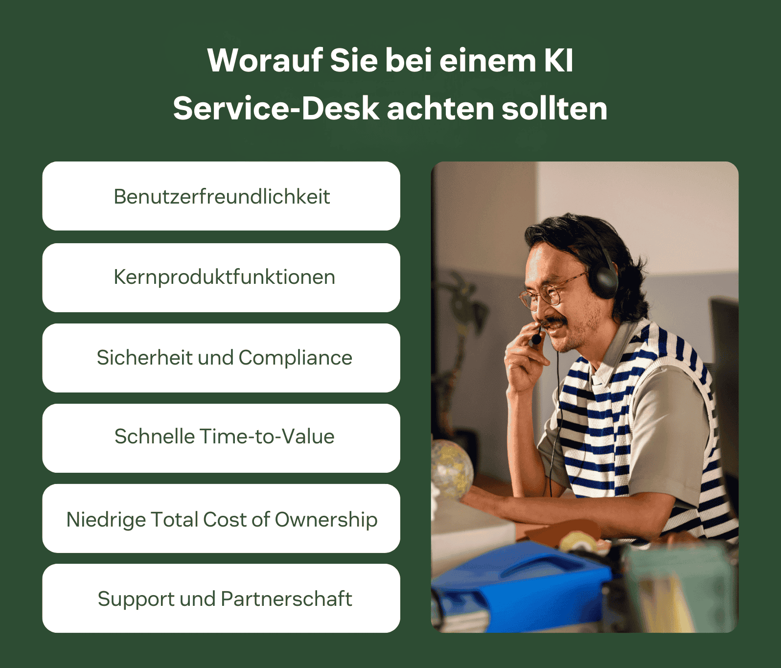 Grafik, die aufschlüsselt, worauf bei der Auswahl eines KI-Service-Desks zu achten ist.