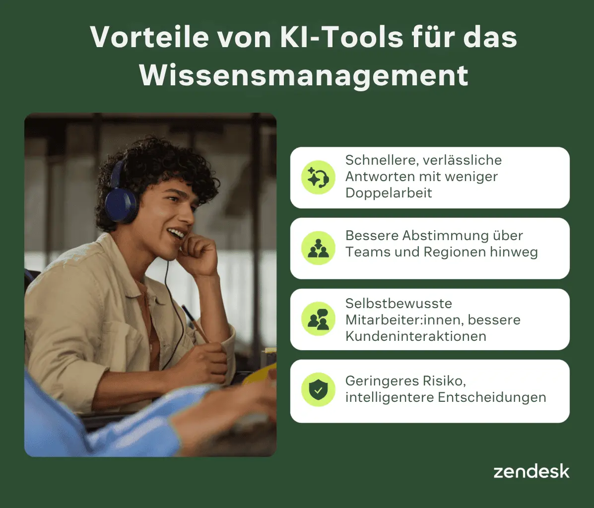 Infografik, die die Vorteile von KI-Tools für das Wissensmanagement zeigt, einschließlich schnellerer Antworten, besserer Teamausrichtung, gesteigerten Mitarbeitervertrauens und reduzierten Risikos.