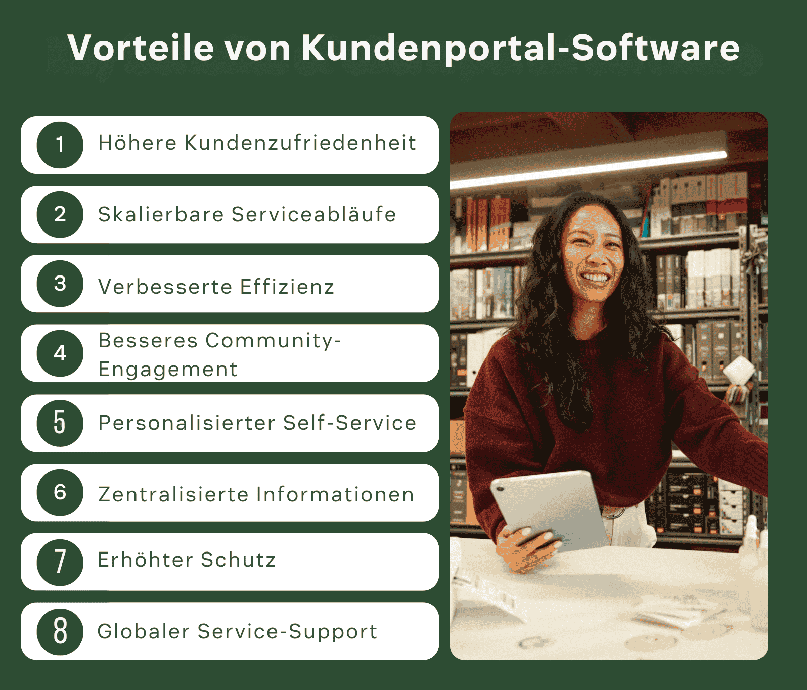 Grafik mit den 8 wichtigsten Vorteilen von Kundenportal-Software: Kundenzufriedenheit, Service-Skalierbarkeit, operative Effizienz, Community-Engagement, personalisierter Self-Service, Zentralisierung von Informationen, Datensicherheit, globaler Support.