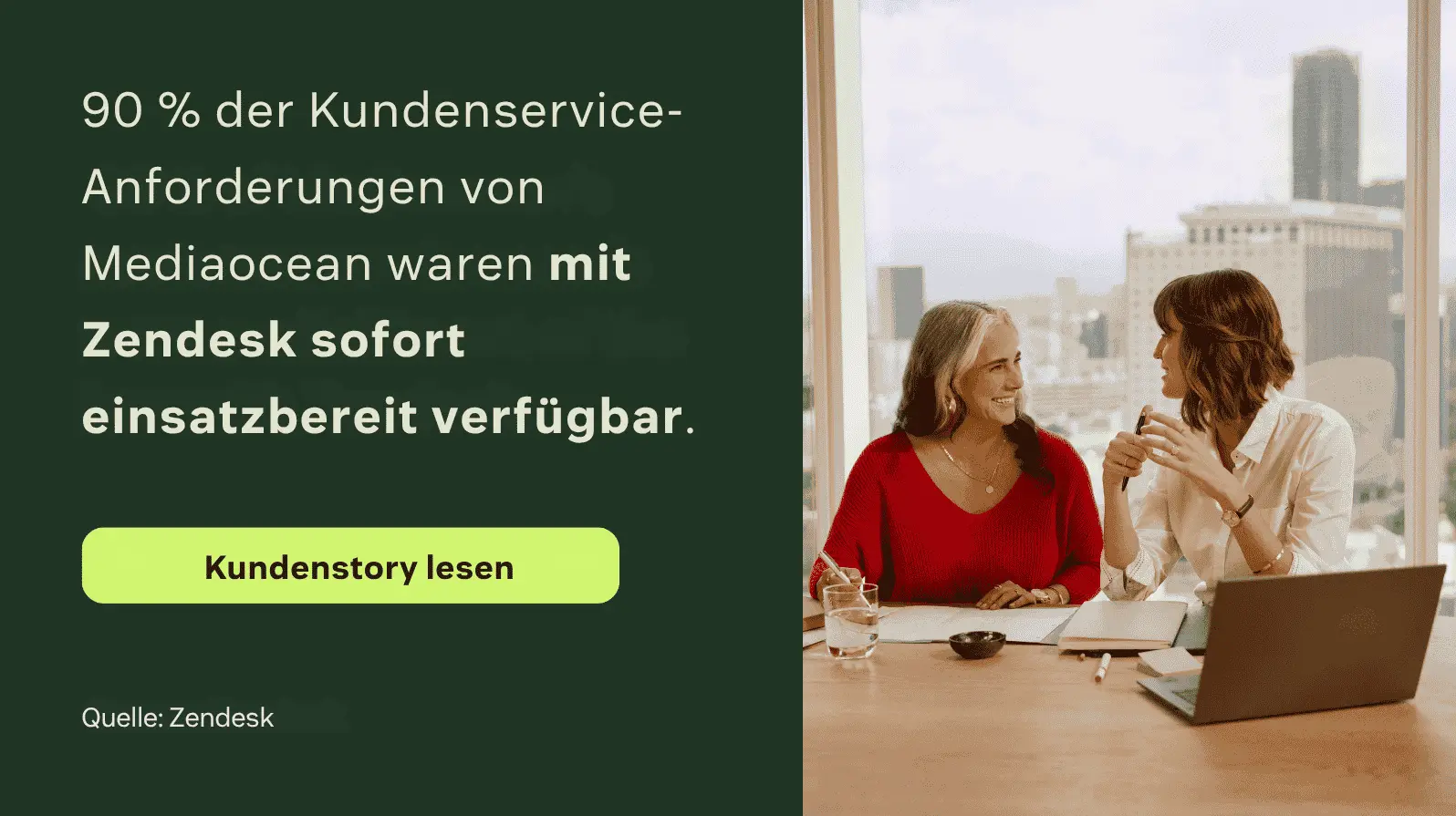 Eine Grafik zur Erfolgsgeschichte von Mediaocean, mit der Statistik, dass 90 % der Kundenservice-Anforderungen mit Zendesk sofort einsatzbereit verfügbar sind.