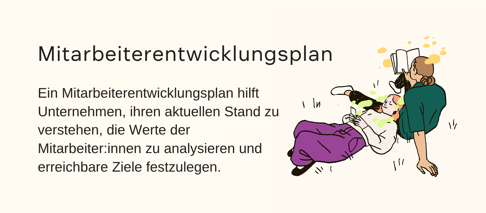 Eine Definition eines Mitarbeiterentwicklungsplans wird von einer Illustration von zwei Personen begleitet, die sich auf einer Wiese entspannen.