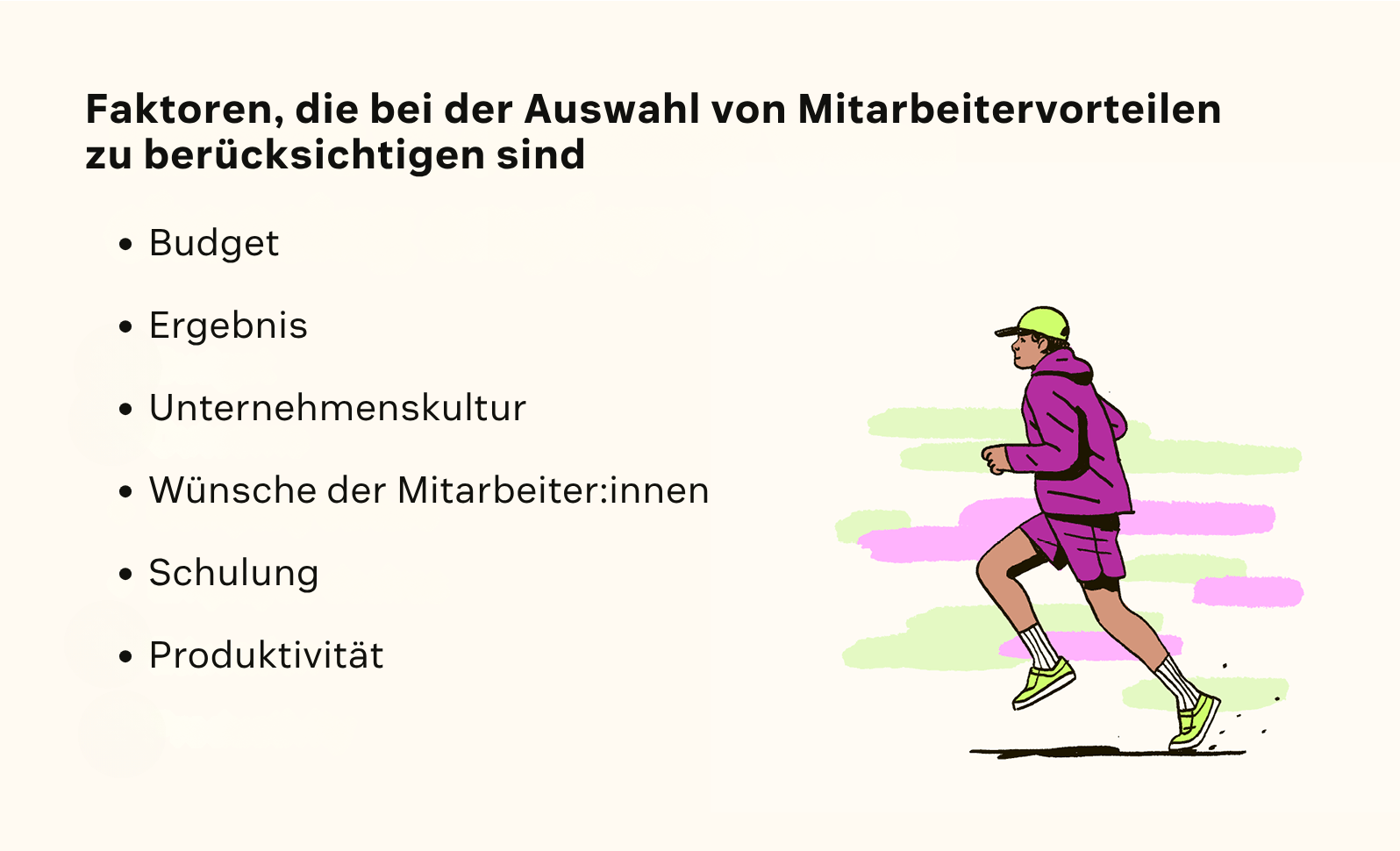 Eine Illustration eines Joggers steht für die wichtigsten Faktoren bei der Auswahl von Mitarbeitervorteilen.