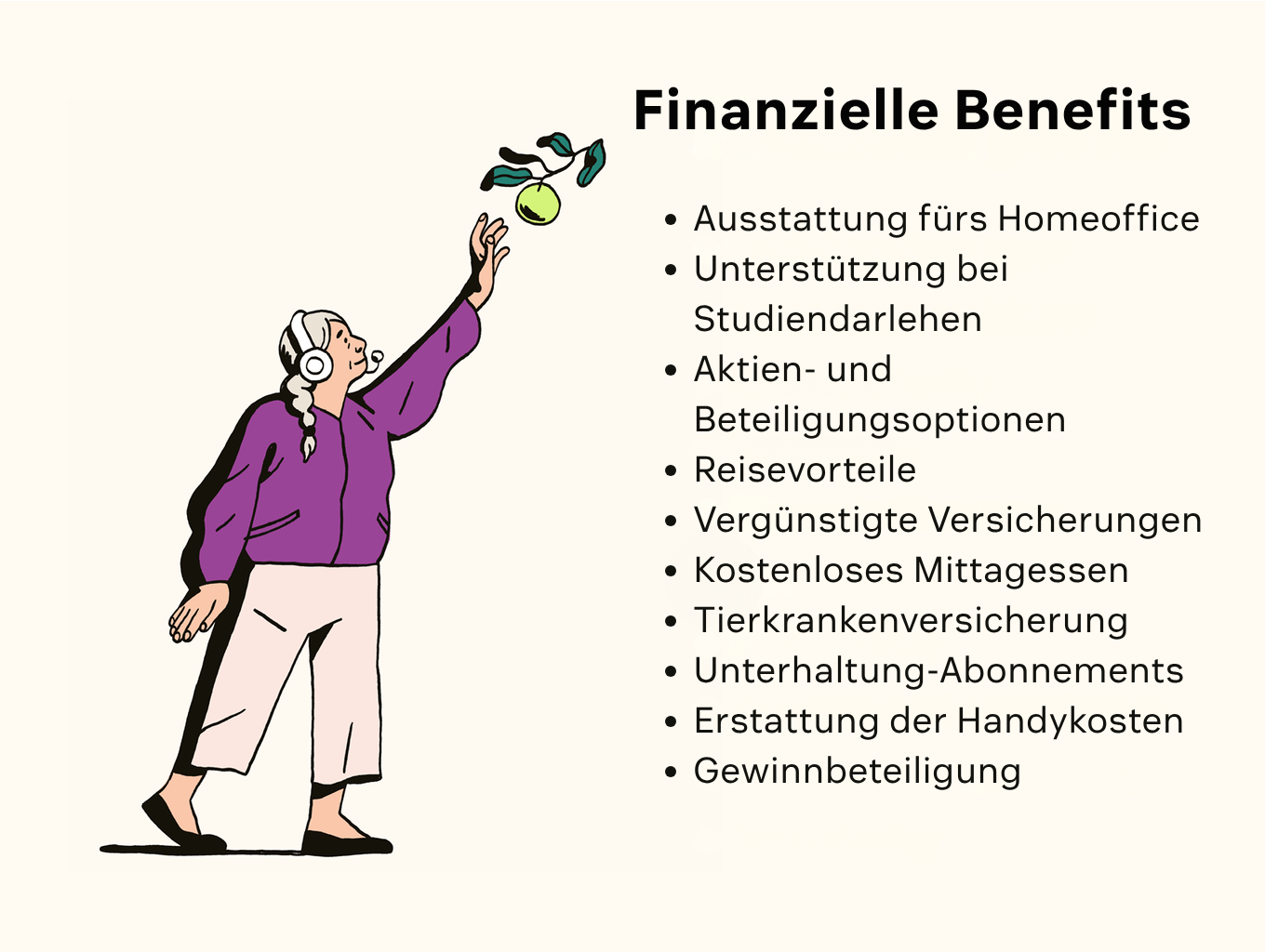 Eine Illustration einer Frau, die nach einem Apfel greift, begleitet eine Liste finanzieller Vorteile.