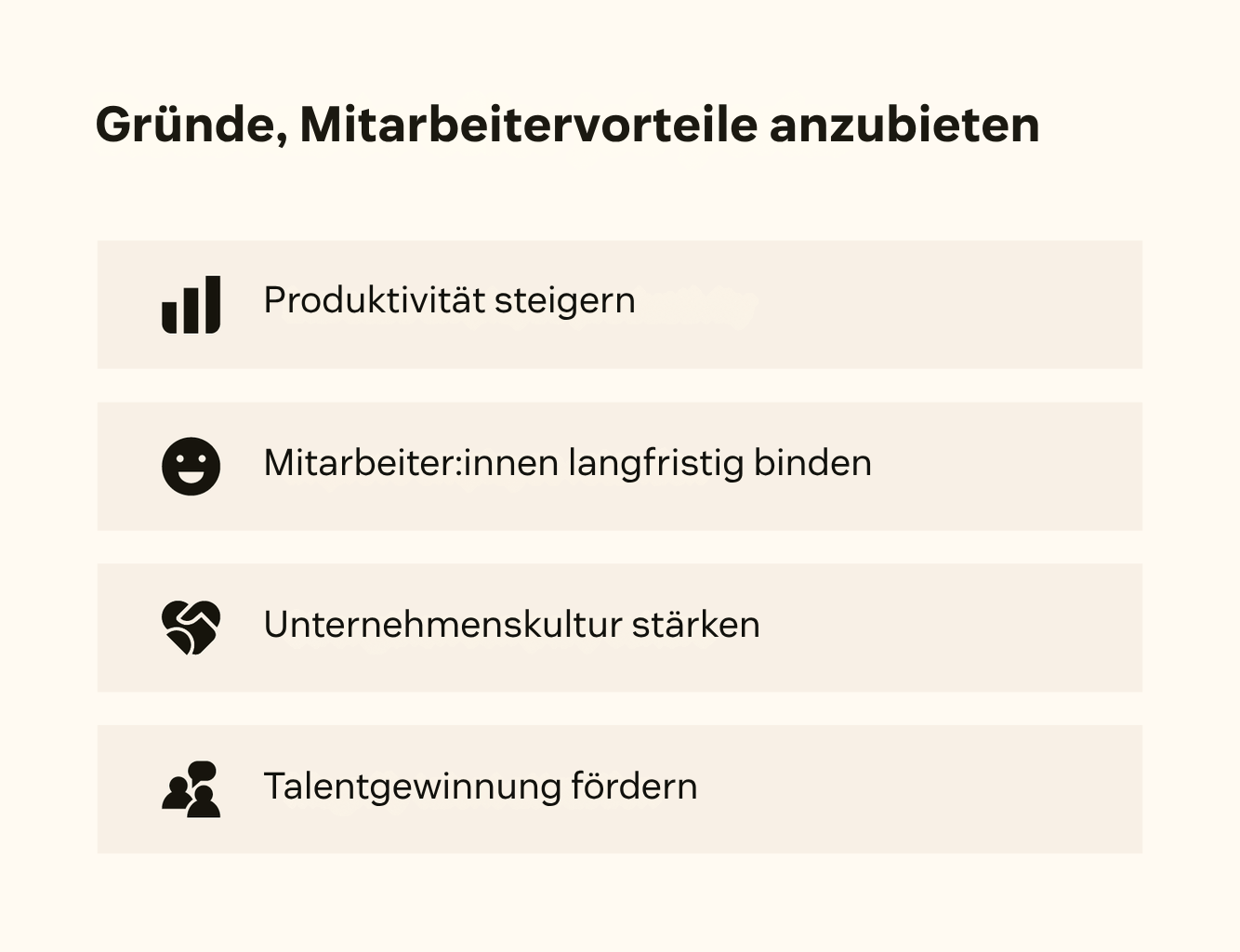 Vier Symbole veranschaulichen die wichtigsten Gründe für Mitarbeitervorteile.
