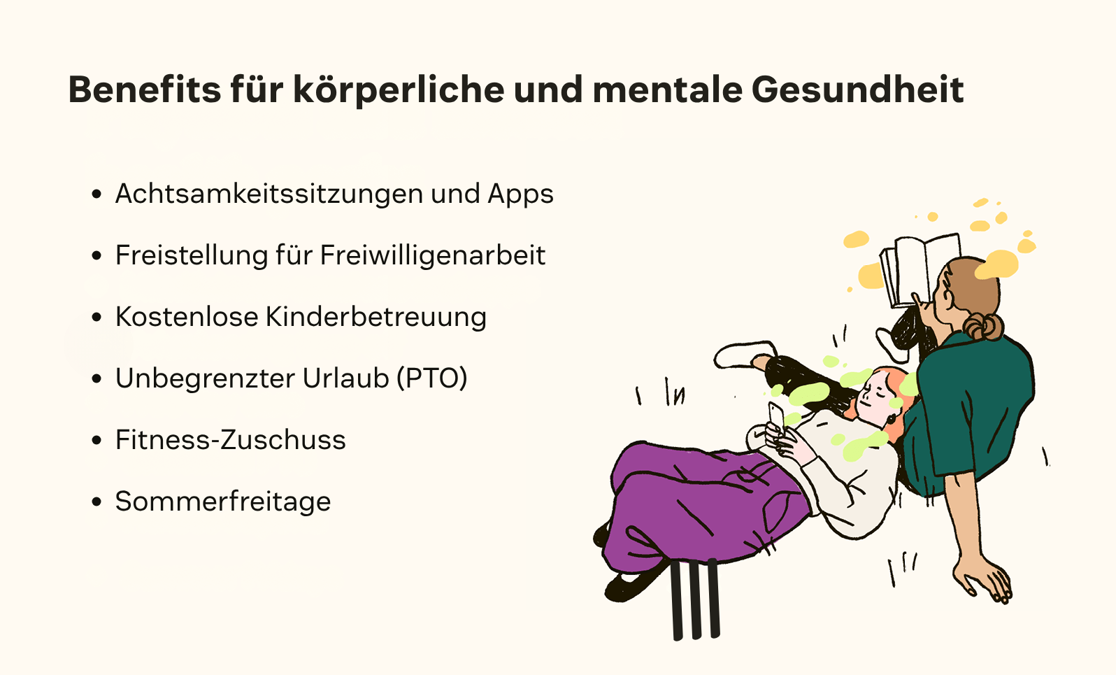 Eine Illustration von zwei Personen beim Entspannen begleitet eine Liste physischer und mentaler Vorteile.