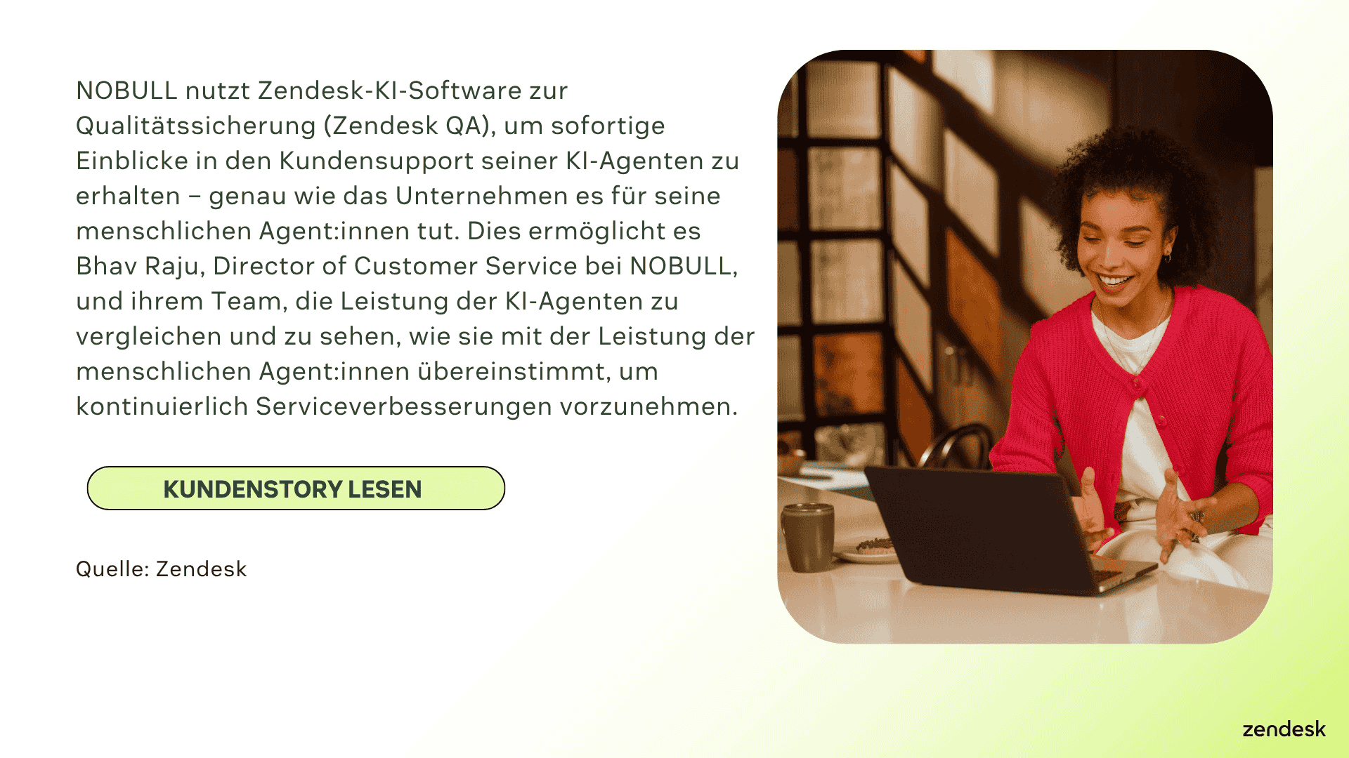 Eine Frau lächelt am Computer, neben einem Text über die Zendesk-Erfolgsgeschichte von NOBULL.
