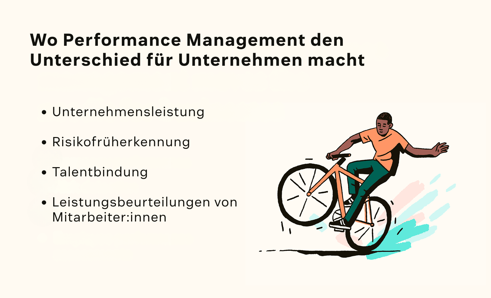 Eine Illustration einer Person auf einem Fahrrad neben einer Liste, wie Mitarbeitendenleistung den Geschäftserfolg beeinflusst.