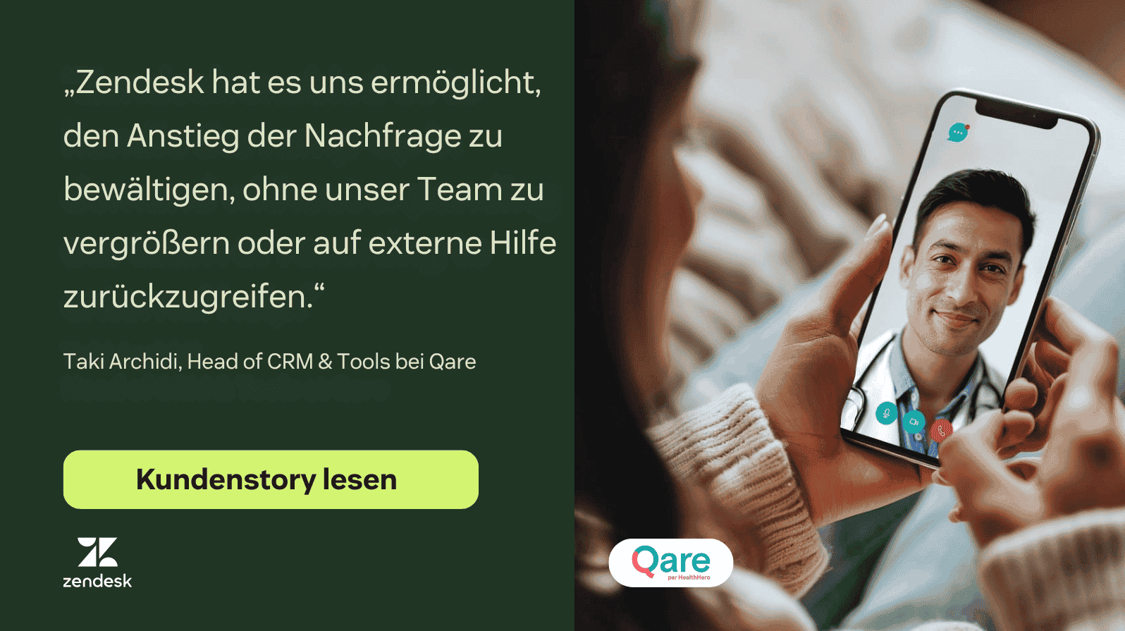Qare-Kundenbericht-Grafik mit einem Zitat von Taki Archidi über die Skalierung des Supports ohne Personalaufbau, neben einer Telemedizin-Videoberatung auf einem Smartphone.