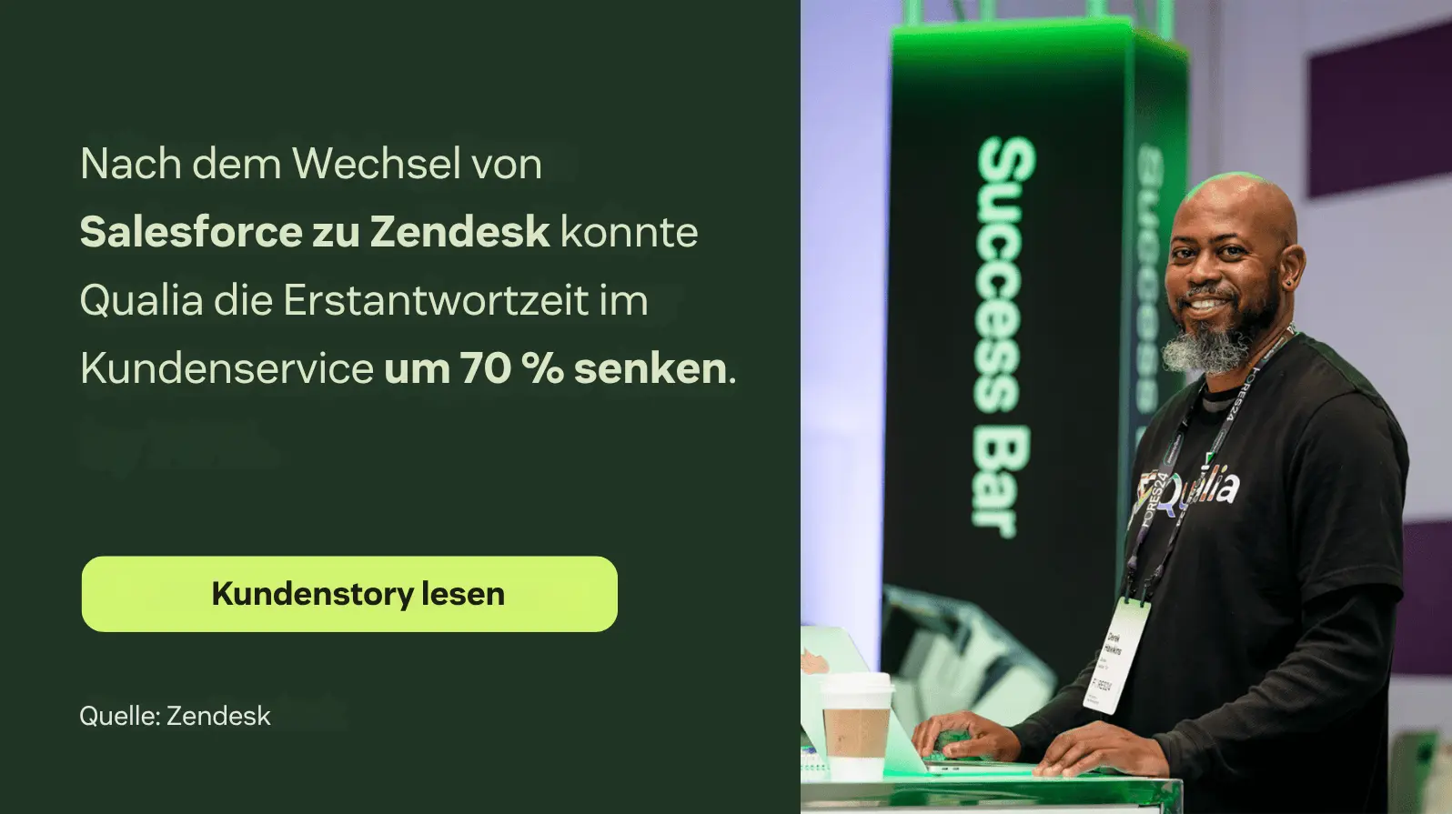 Eine Grafik zur Erfolgsgeschichte von Qualia, die zeigt, dass die Erstantwortzeit im Kundenservice nach dem Wechsel von Salesforce zu Zendesk um 70 % sank.