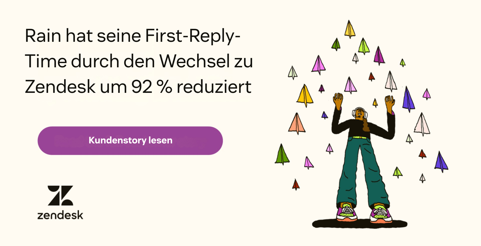 Eine Grafik, die zeigt, wie Rain seine First-Reply-Time durch den Wechsel zu Zendesk um 92 % reduziert hat.