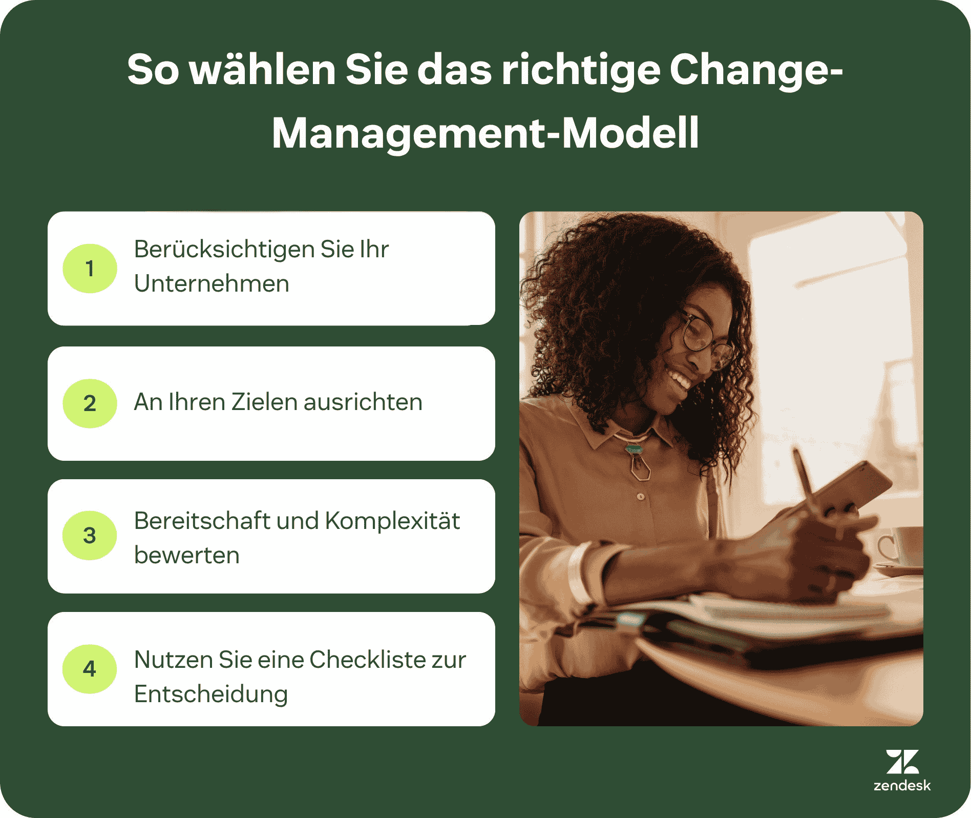 Infografik zur Auswahl des richtigen Change-Management-Modells mit Schritten zur Auswahl, Zielausrichtung, Bereitschaftsbewertung und Nutzung einer Checkliste.