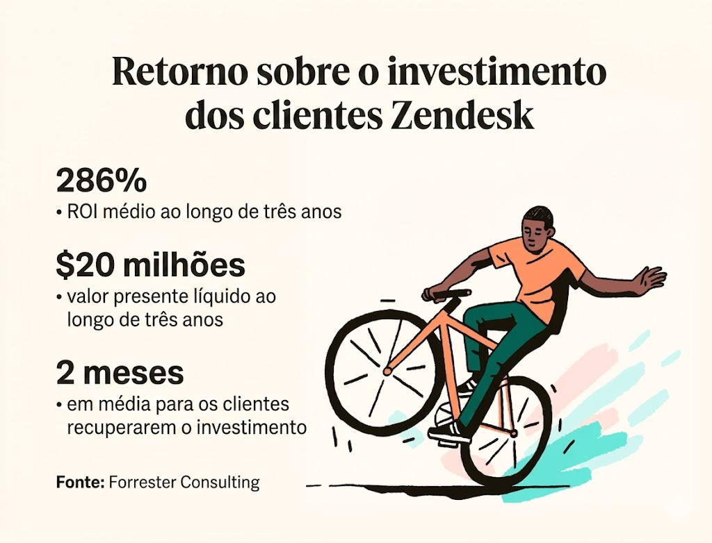 A man rides a bicycle beside some key Zendesk customer stats, like a 286 percent average ROI, and a $20 million net present value over three years.