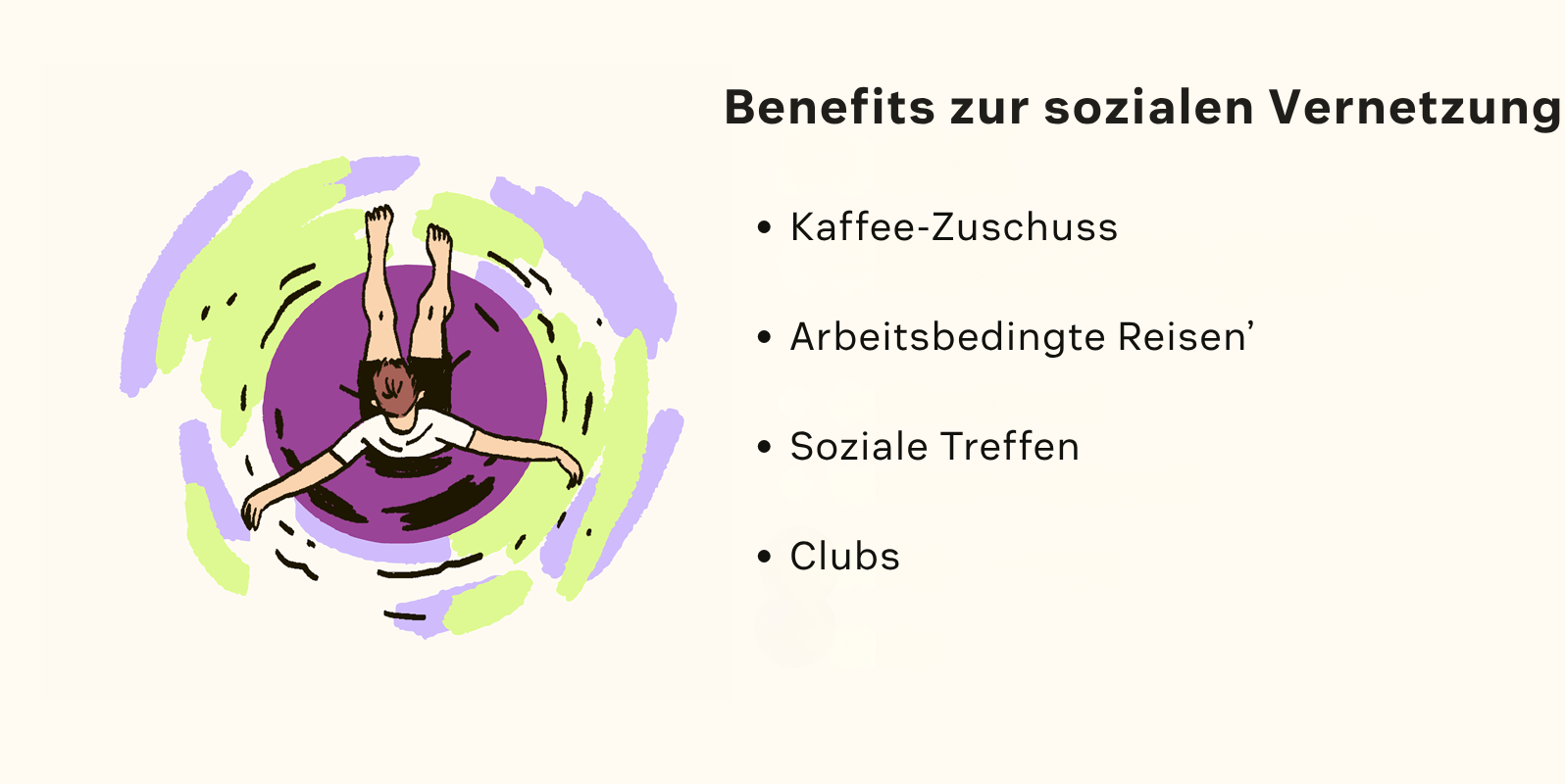 Eine Illustration einer Person auf einem Schwimmreifen neben einer Liste sozialer Vorteile.