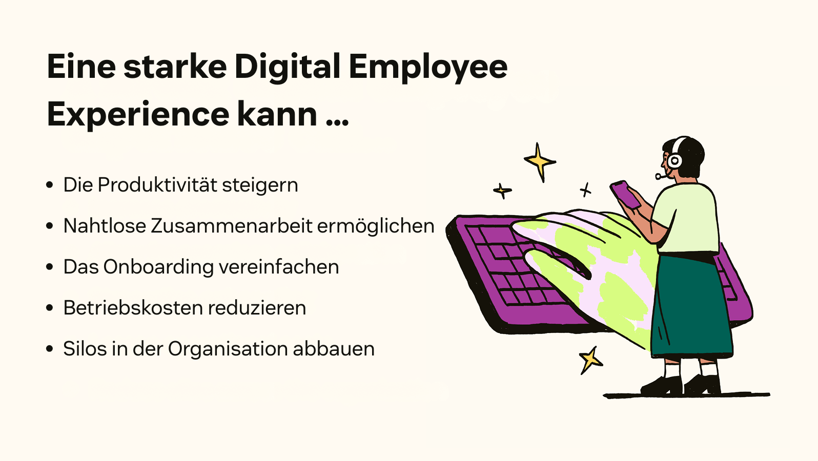 Eine Liste zeigt die fünf wichtigsten Vorteile einer starken Digital-Employee-Experience-Strategie.