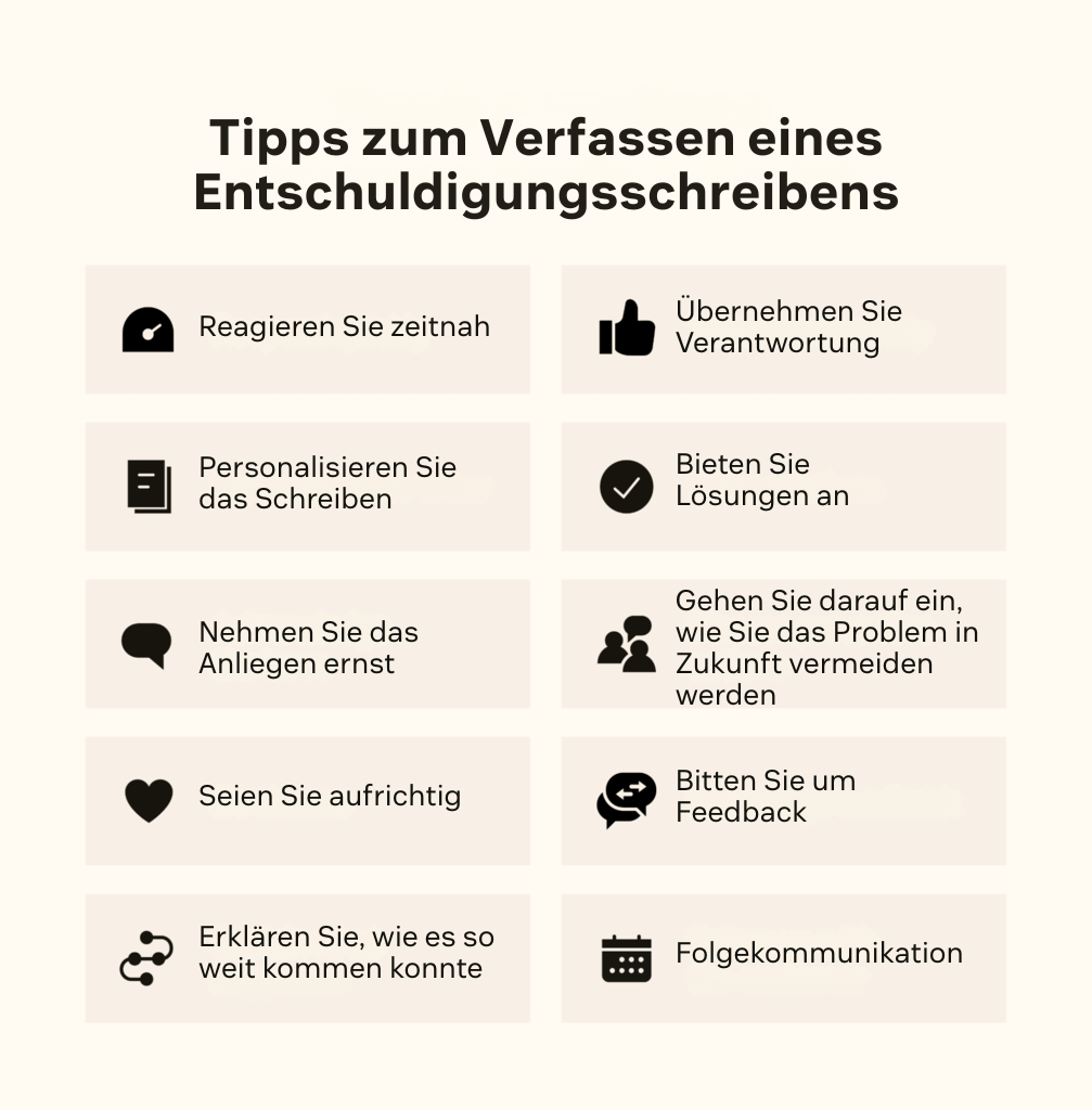 Diese Liste enthält eine Reihe von Tipps, die Ihnen das Verfassen eines Entschuldigungsschreibens an Ihre Kund:innen erleichtern sollen.