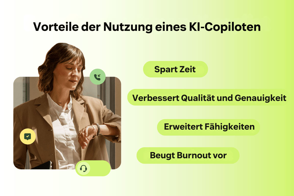 Eine Frau im Anzug schaut auf ihre Uhr als Symbol für Effizienz. Text hebt Vorteile von KI-Copiloten hervor: Zeitersparnis, Qualitätssteigerung, Skill-Erweiterung und Burnout-Prävention.