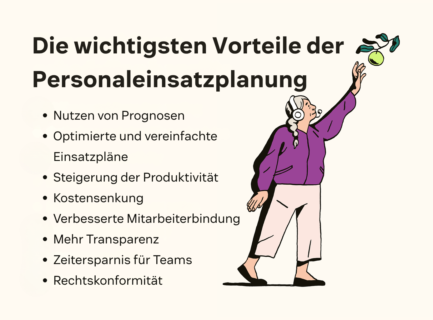 Eine Liste der acht größten Vorteile der automatisierten Personaleinsatzplanung, begleitet von einer Illustration einer Frau mit Headset.