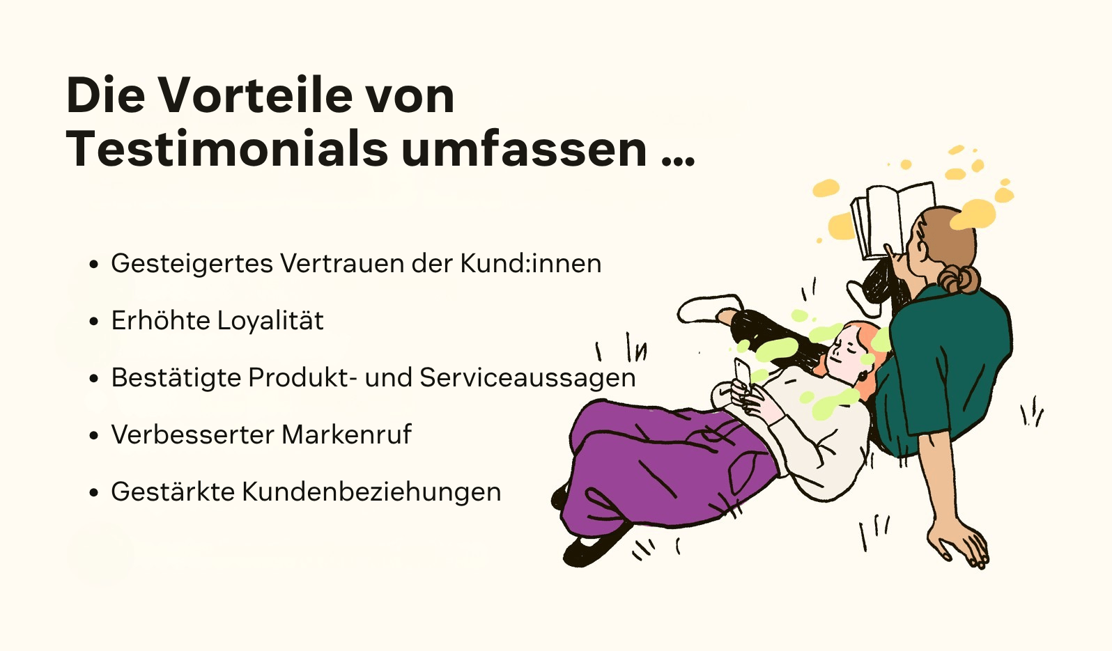 Die fünf Vorteile von Testimonials, darunter gesteigerte Loyalität und Vertrauen sowie validierte Aussagen.