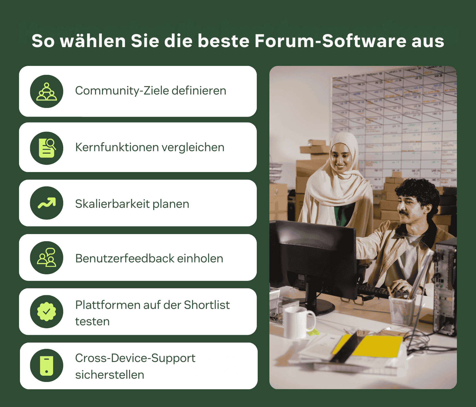 Grafik, die die 6 Dinge aufschlüsselt, auf die Sie bei der Auswahl von Forum-Software achten sollten.