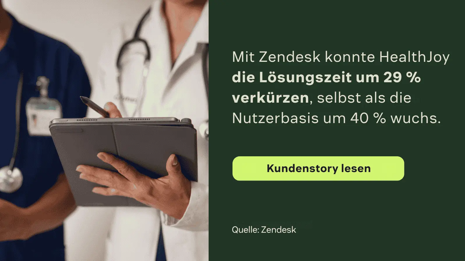 Eine Grafik zur Erfolgsgeschichte von HealthJoy, einem Unternehmen, das die Lösungszeit mit Zendesk um 29 % verkürzt hat.