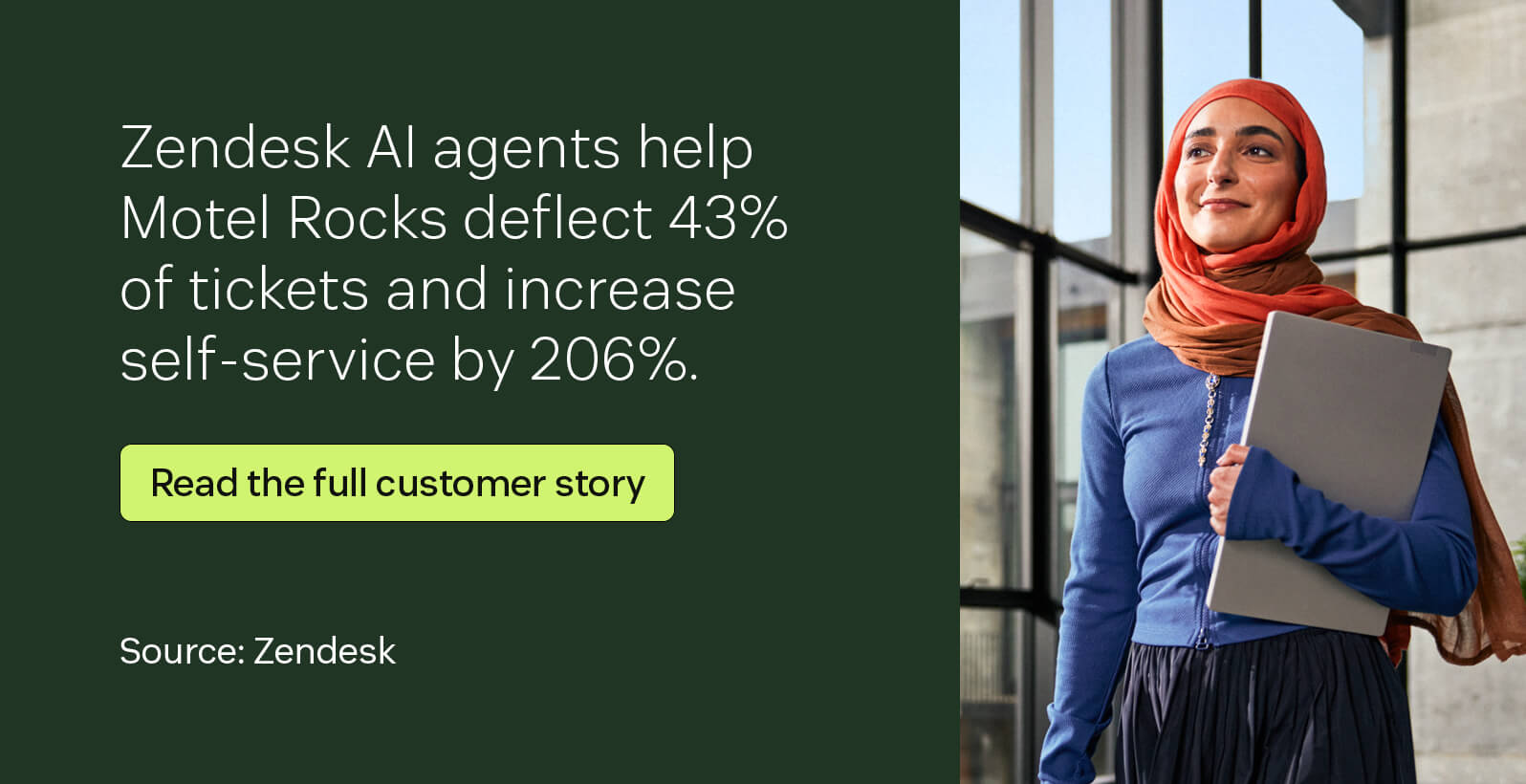 Zendesk AI agents help Motel Rocks deflect 43 percent of self-service tickets by 206 percent.