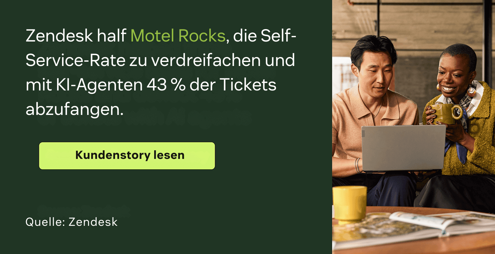 Zendesk hat Motel Rocks geholfen, die Self-Service-Rate zu verdreifachen und 43 % der Tickets mit KI-Agenten abzufangen.
