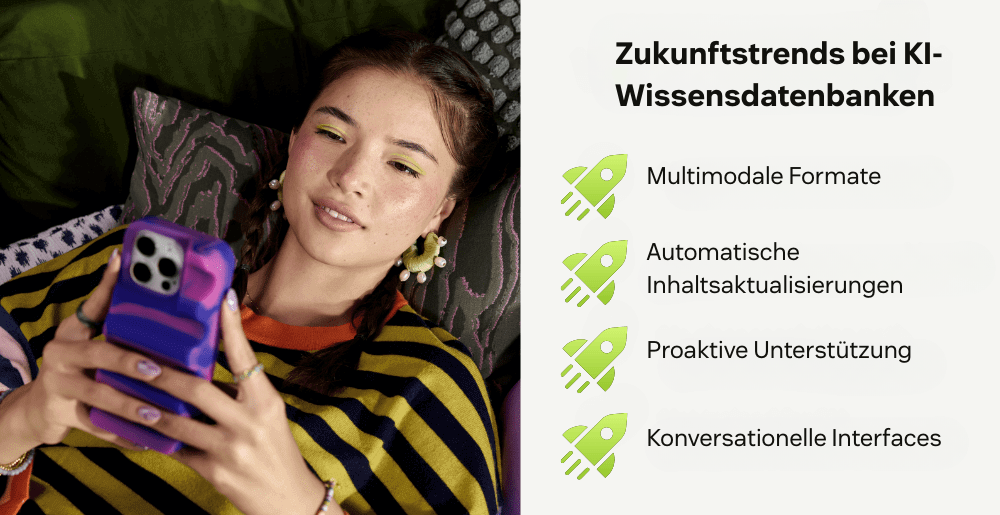 Eine Frau lächelt auf ihr Smartphone, daneben Text zu Zukunftstrends bei KI-Wissensdatenbanken.